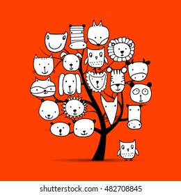 Art tree with animal faces, sketch for your design