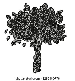Art tree beautiful, black silhouette. Vector illustration, suitable for wall design, cover, packaging. Vintage with ornate curls and leaves