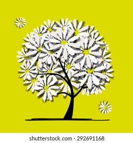 Art tree with camomiles for your design. Vector illustration
