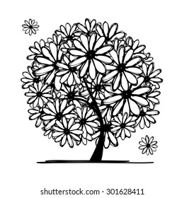 Art tree with camomiles for your design. Vector illustration