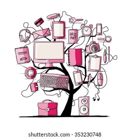 Art tree with digital office devices. Sketch for your design. Vector illustration