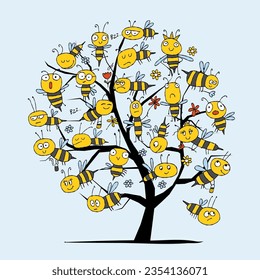 Art tree with Funny Bees family. Beehive concept for your design