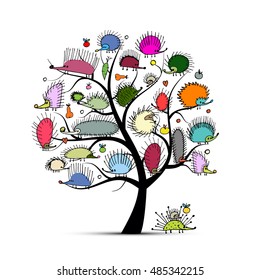 Art tree with funny hedgehog, sketch for your design