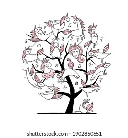 Art Tree with Funny Unicorns doing yoga. Sketch for your design. Vector illustration