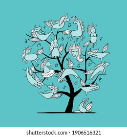 Art Tree with Funny Unicorns doing yoga. Sketch for your design. Vector illustration