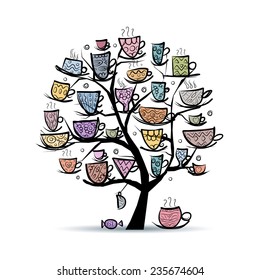 Art tree with mugs and cups. Sketch for your design. Vector illustration