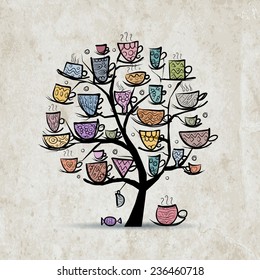 Art tree with mugs and cups. Sketch for your design. Vector illustration