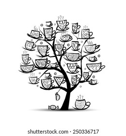 Art tree with mugs and cups. Sketch for your design. Vector illustration