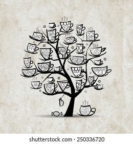 Art tree with mugs and cups. Sketch for your design. Vector illustration