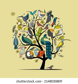 Art tree with paradise tropical birds in childish style for your design