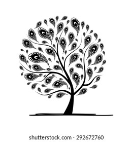 Art tree with peacock feather for your design. Vector illustration