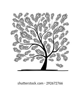 Art tree with peacock feather for your design. Vector illustration