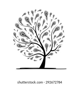 Art tree with peacock feather for your design. Vector illustration