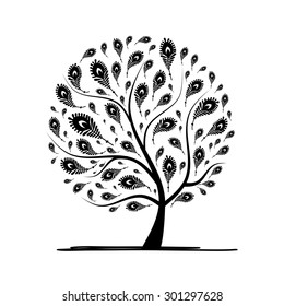 Art tree with peacock feather for your design. Vector illustration