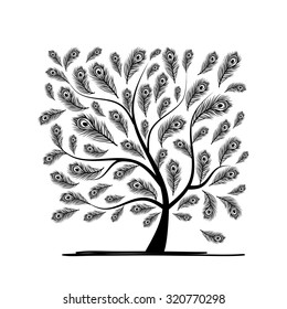 Art tree with peacock feather for your design. Vector illustration