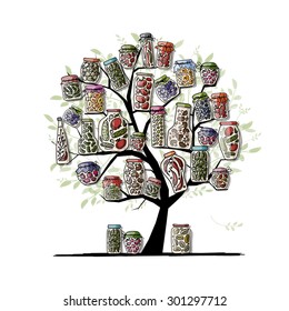 Art tree with pickle jars for your design. Vector illustration