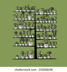 Art tree with plants in pots, sketch for your design. Vector illustration