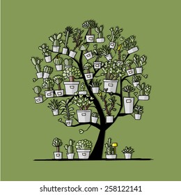 Art tree with plants in pots, sketch for your design. Vector illustration