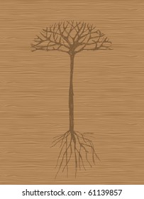Art tree with roots on wooden background