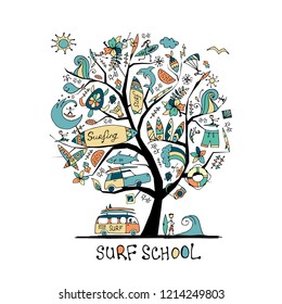 Art tree with surfing design elements. Surf school