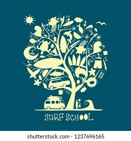 Art tree with surfing design elements. Surf school