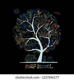 Art tree with surfing design elements. Surf school