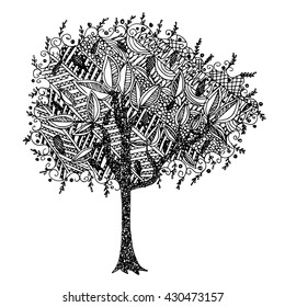 Art of tree vector from free hand drawing design on white background, outline tree illustration,black line of tree