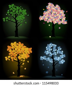 Art tree for your design. Four seasons - spring, summer, autumn, winter on black background