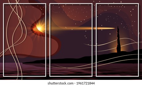 tríptico de arte de tres imágenes abstractas en marcos blancos. faro luminoso en la orilla, líneas suaves, un destello de luz sobre el fondo del cielo estrellado de la noche. vector