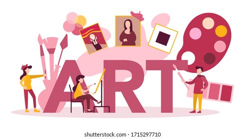 Art typographic header concept. Male and female artist standing in front of big easel or screen, holding a brush and paints. Artist painting. Isolated flat vector illustration