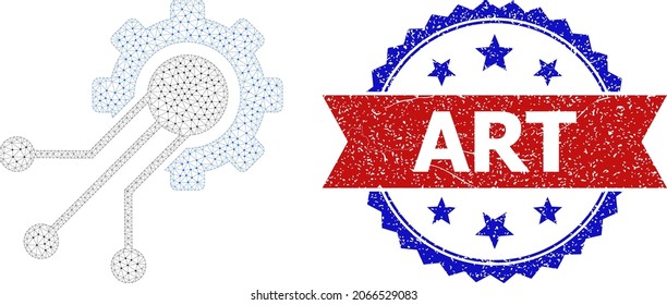 Art unclean seal imitation, and sensor cog icon net structure. Red and blue bicolor stamp seal includes Art title inside ribbon and rosette. Abstract flat mesh sensor cog, built from flat mesh.