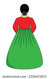 Vector de arte - Atrás de una chica coreana o un traje de adolescente o vestido en Hanbok traje tradicional coreano dibujo en un colorido vector de caricatura