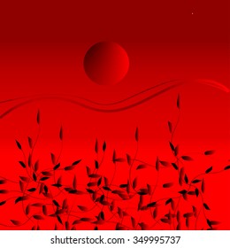 Art vector banner. Red color background. Night moon and foliage.