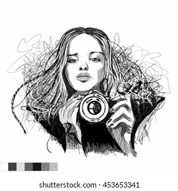 Art vector black and white illustration girl with camera