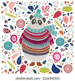 Art vector colorful Christmas illustration with cute cartoon panda. Artwork for use in your design