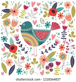 Art vector colorful illustration with beautiful abstract folk bird and flowers. Artwork for decoration your interior and for use in your unique design