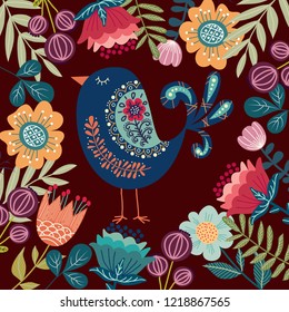 Art vector colorful illustration with beautiful abstract folk bird and flowers. Artwork for decoration your interior and for use in your unique design