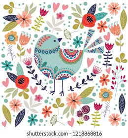 Art vector colorful illustration with beautiful abstract folk bird and flowers. Artwork for decoration your interior and for use in your unique design