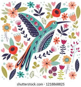 Art vector colorful illustration with beautiful abstract folk bird and flowers. Artwork for decoration your interior and for use in your unique design