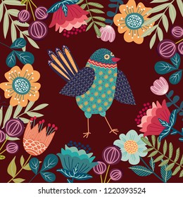 Art vector colorful illustration with beautiful abstract folk bird and flowers. Artwork for decoration your interior and for use in your unique design