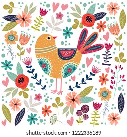 Art vector colorful illustration with beautiful abstract folk bird and flowers. Artwork for decoration your interior and for use in your unique design