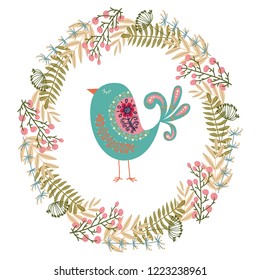 Art vector colorful illustration with beautiful abstract folk bird and floral wreath . Artwork for decoration your interior and for use in your unique design
