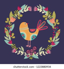 Art vector colorful illustration with beautiful abstract folk bird and floral wreath . Artwork for decoration your interior and for use in your unique design