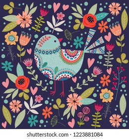 Art vector colorful illustration with beautiful abstract folk bird and flowers. Artwork for decoration your interior and for use in your unique design