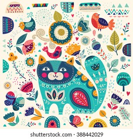 Art vector colorful illustration with beautiful cat, butterflies, birds and flowers. Art poster for decoration your interior and for use in your unique design