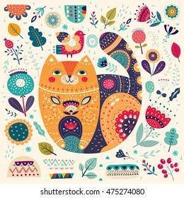 Art vector colorful illustration with beautiful cat, bird and flowers. Art poster for decoration your interior and for use in your unique design