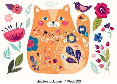 Art vector colorful illustration with beautiful cat, bird and flowers. Art poster for decoration your interior and for use in your unique design