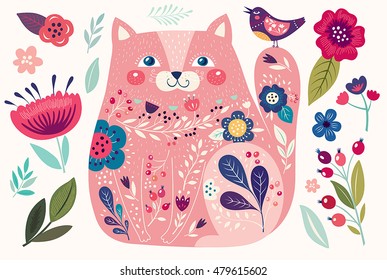 Art vector colorful illustration with beautiful cat, bird and flowers. Art poster for decoration your interior and for use in your unique design