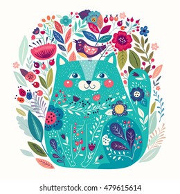 Art vector colorful illustration with beautiful cat, bird and flowers. Art poster for decoration your interior and for use in your unique design