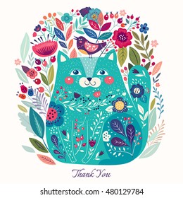 Art vector colorful illustration with beautiful cat, bird and flowers. Art poster for decoration your interior and for use in your unique design